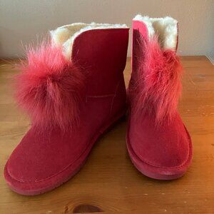 BEARPAW Women's Red Cow Suede Fur Wool Cozy Ankle Pompom Winter Boots Sz 8 M